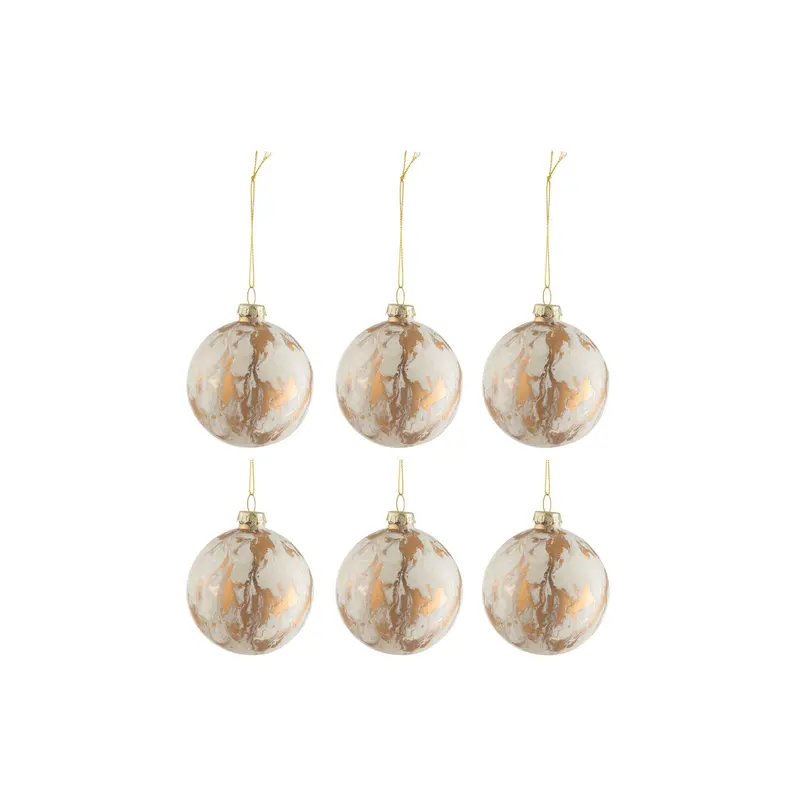 Doos van 6 Kerstballen Marmerlook Glas Wit/Goud Small 8,5xh10cm J-Line