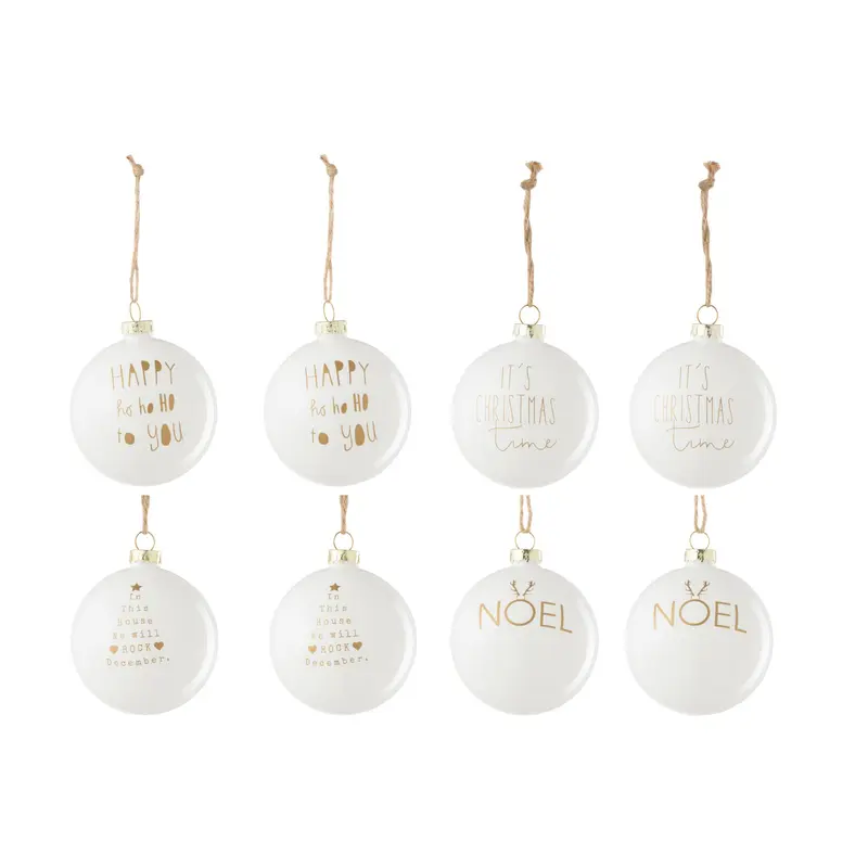 Doos Van 8 Kerstbal 2+2+2+2 Tekst Kerstmis Glas Wit/Goud J-Line