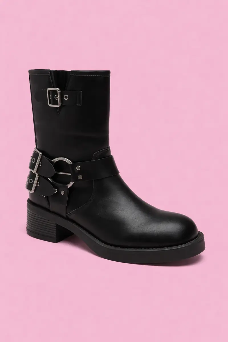 Double buckle low biker boots