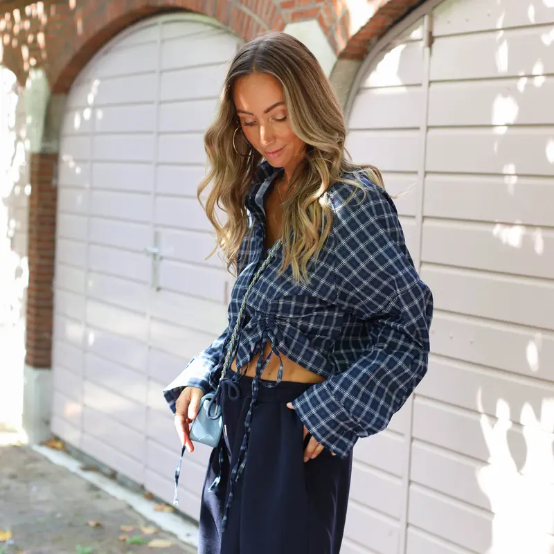 Drawstring blouse ruitjes blauw