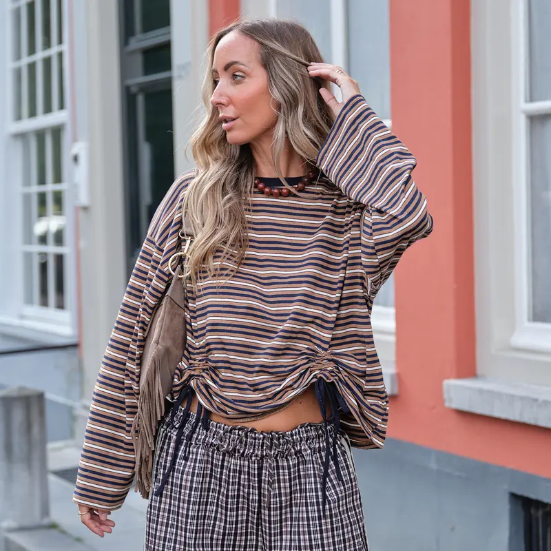 Drawstring streep top beige