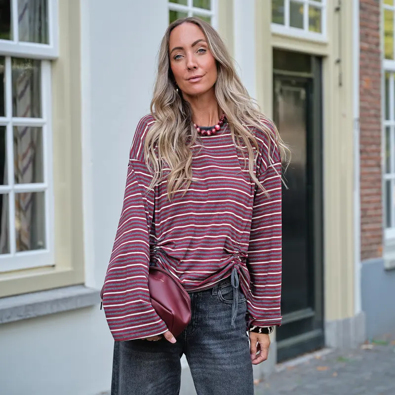 Drawstring streep top grijs bordeaux