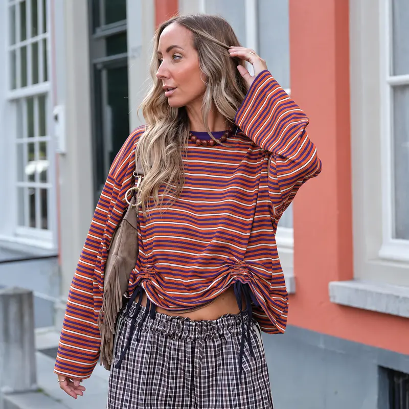 Drawstring streep top oranje
