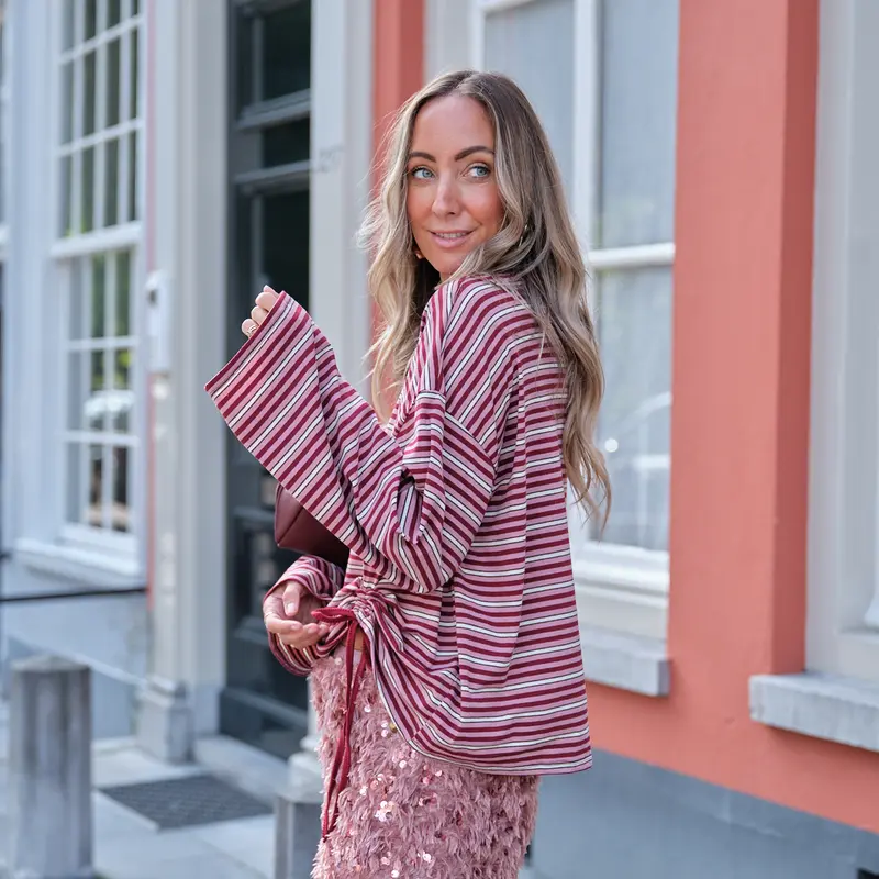Drawstring streep top roze bordeaux