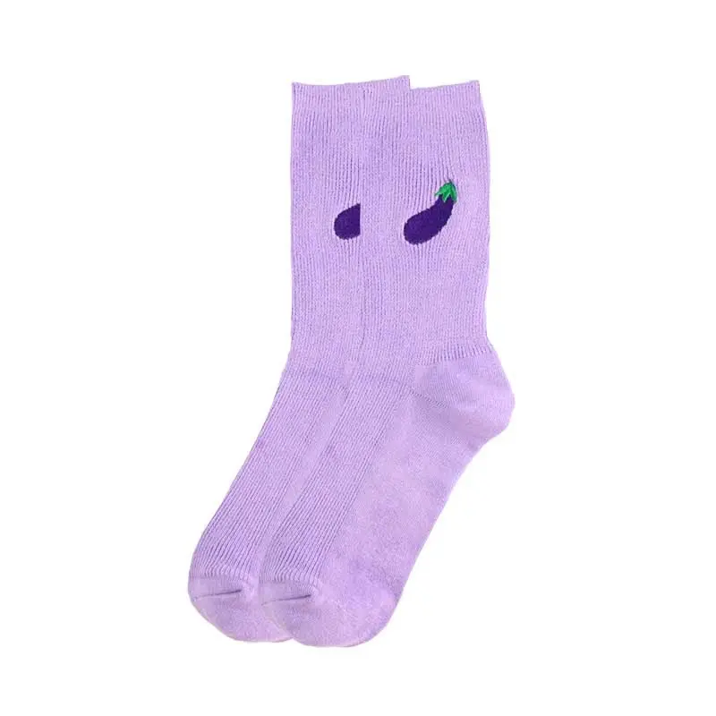 Eggplant Embroidery Ribbed Crew Socks