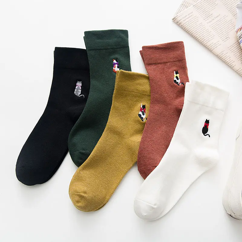 Embroidered Bowtie Cats Crew Socks (5 Designs)