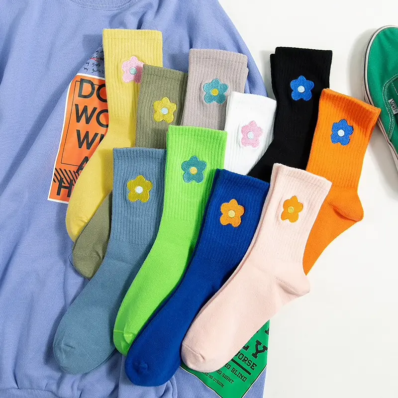 Embroidered Pop Flower Crew Socks (10 Colours)