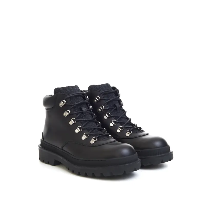 Explorer Hiking Boots In Black Smooth Calfskin & Oblique Jacuard