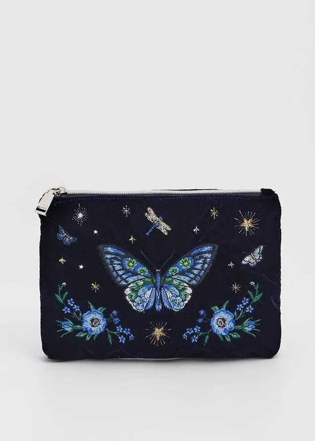 Fable England Butterfly Embroidered Velvet Pouch Navy