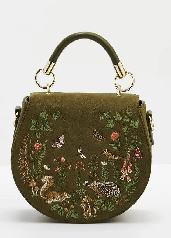 Fable England Charlotte Meadow Scene Embroidered Handbag Khaki