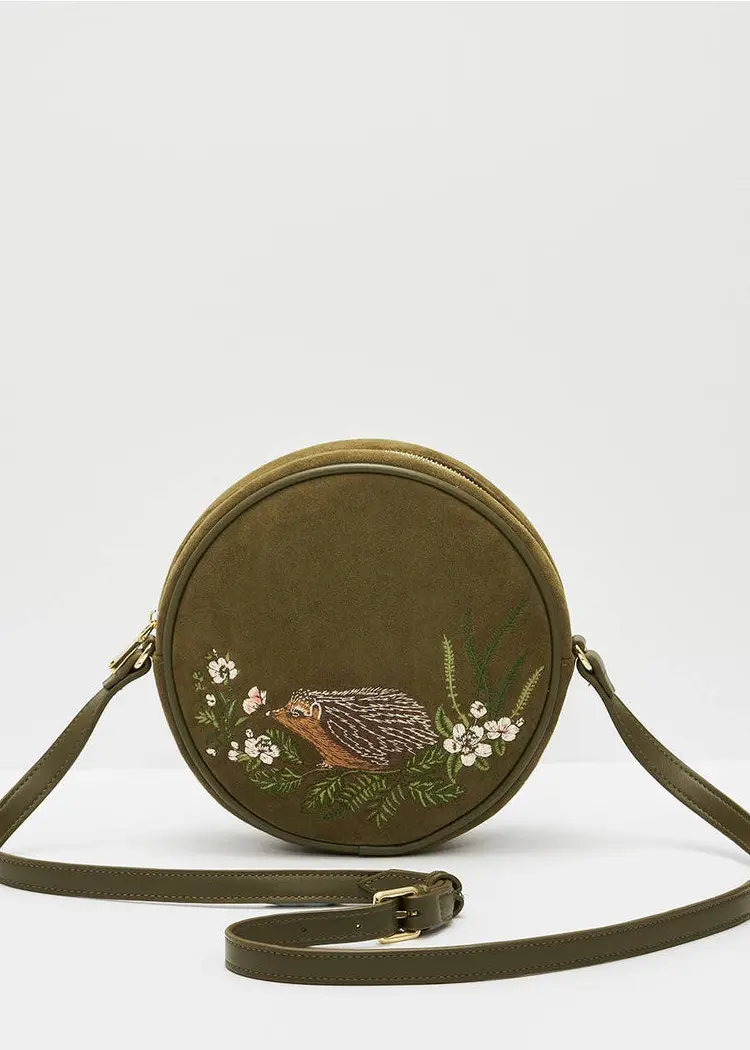 Fable England Chloe Embroidered Hedgehog Shoulder Bag Khaki