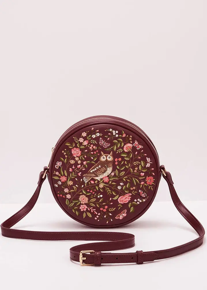 Fable England Chloe Owl Embroidered Shoulder Bag Burgundy