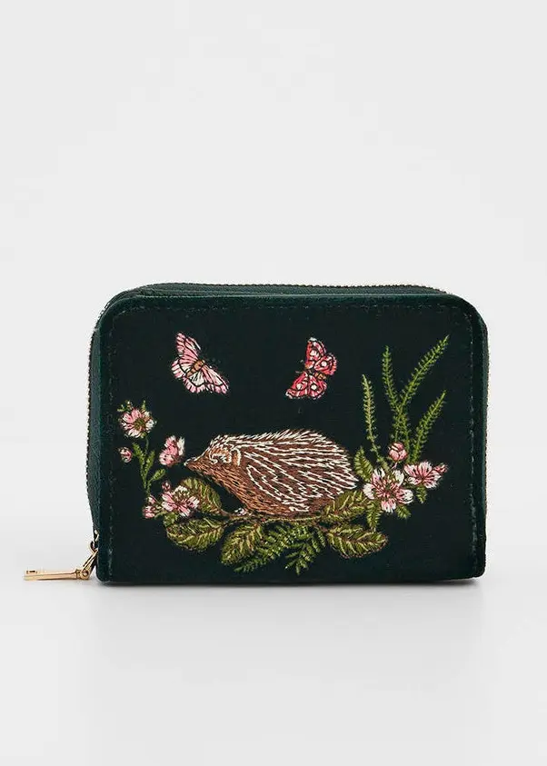 Fable England Embroidered Velvet Hedgehog Wallet Green