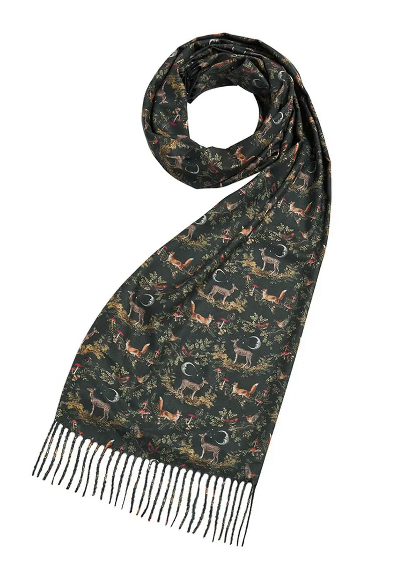 Fable England Into the Woods Deer Fox Scarf Green