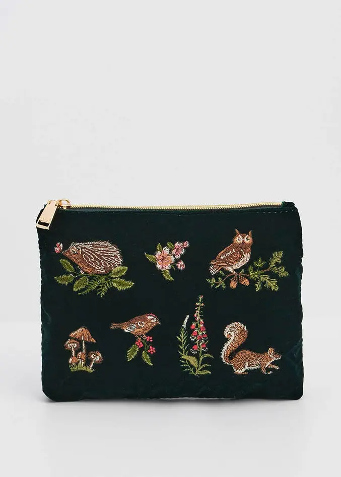 Fable England Meadow Scene Embroidered Velvet Pouch Green