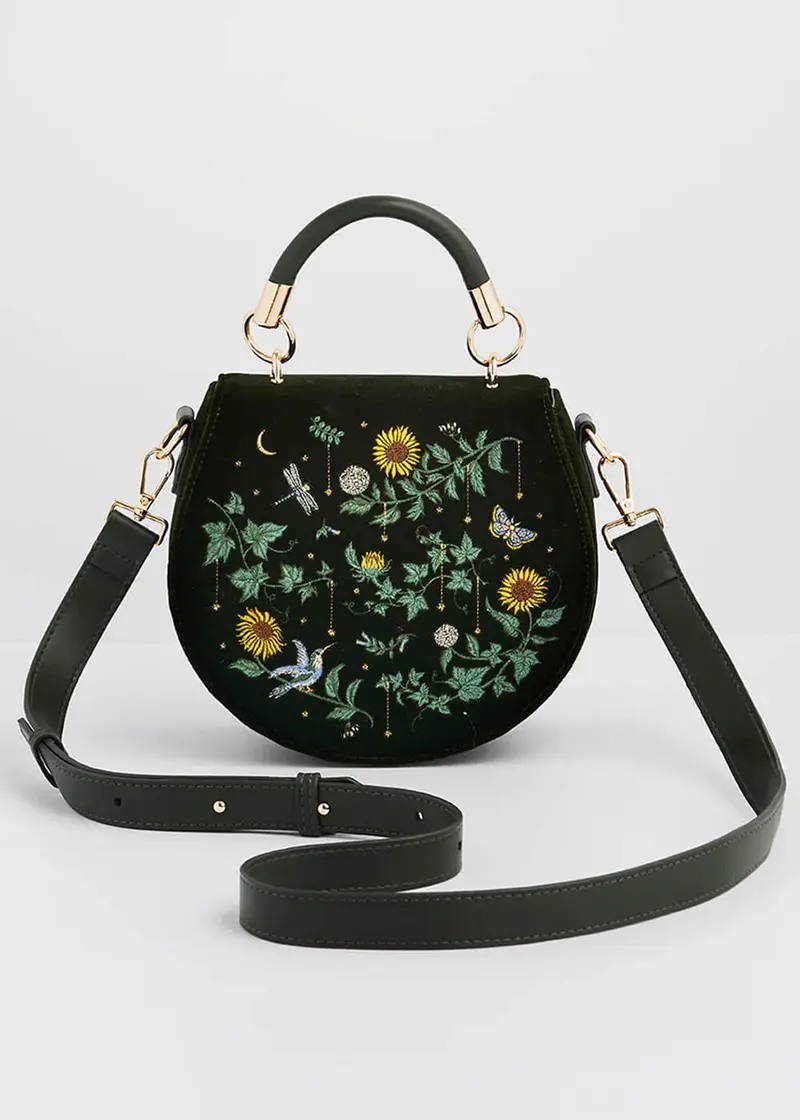 Fable England Sunflower Velvet Handbag Green