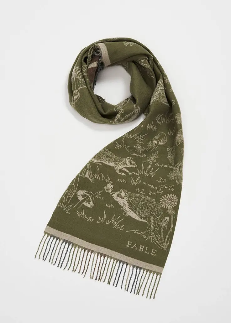 Fable England Woodland Scene Jacquard Scarf Khaki