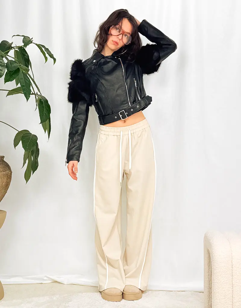 Faux fur detail sleeves cropped biker jacket