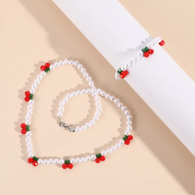 Faux Pearl Cherry Necklace and Bracelet