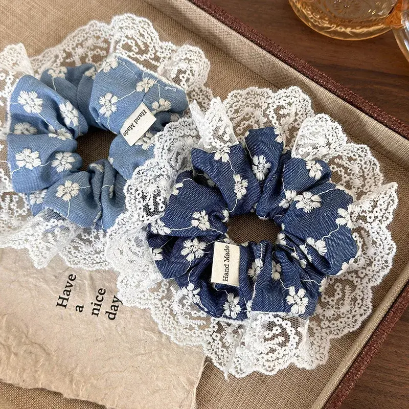 Floral Denim Scrunchie with Lace Detail