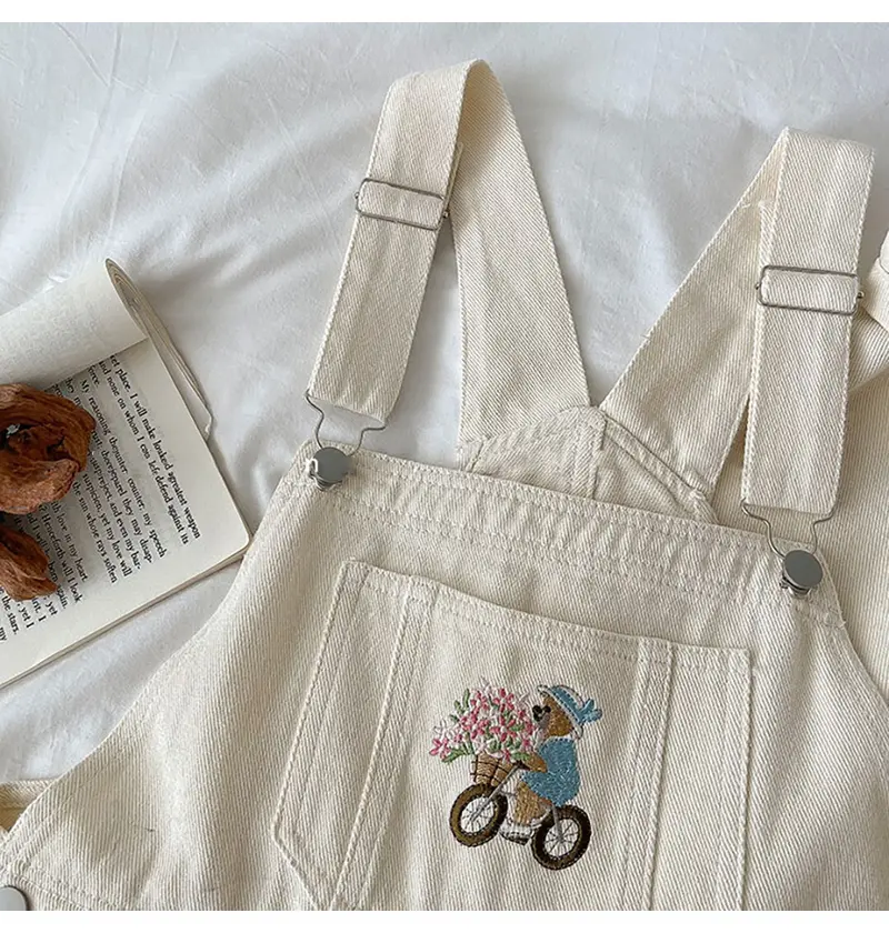 Flower Cottage Bear Embroidered Overalls