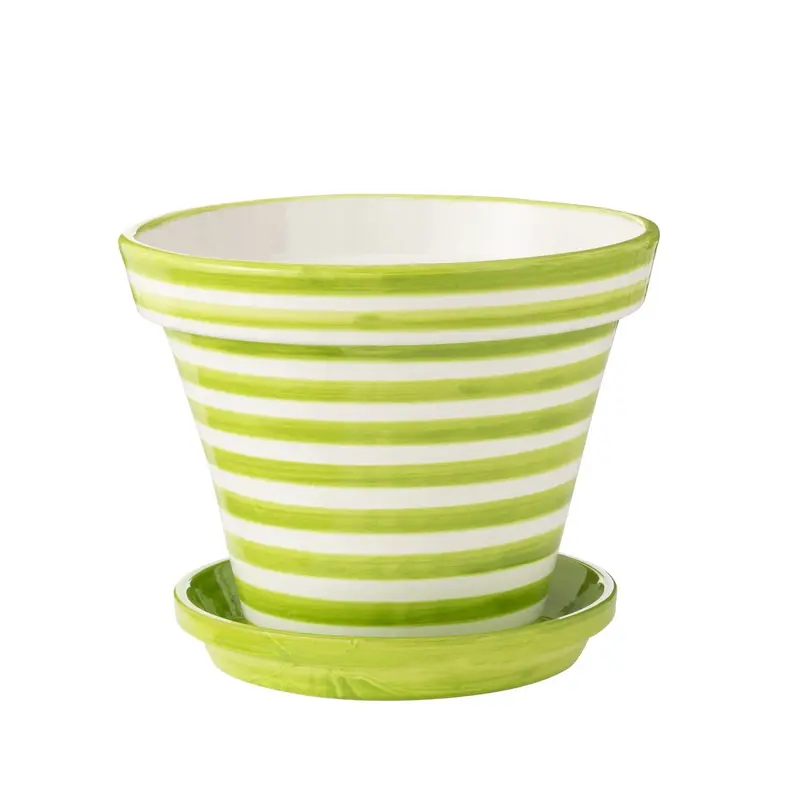 Flowerpot+Plate Granada Stripes Handmade+Painted Ceramic Green Extra Large J-Line