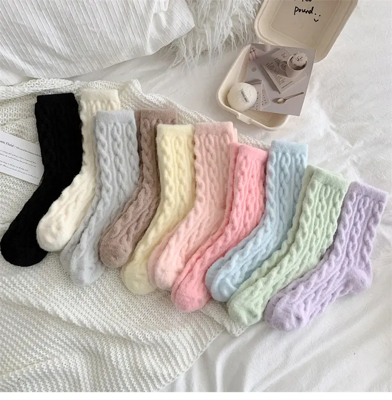 Fluffy Cable Knit Crew Socks (10 Colours)