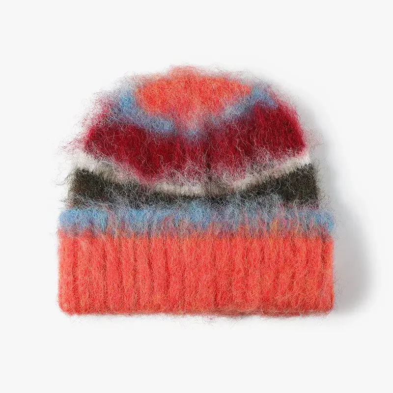 Fluffy Contrast Stripe Knit Beanie