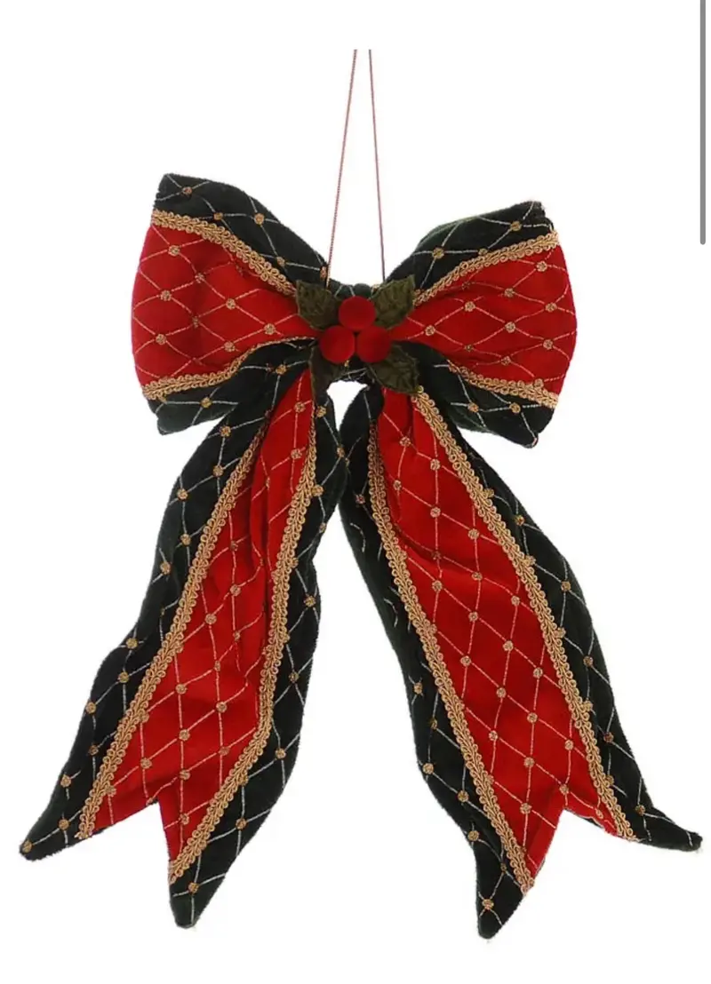 Fluwelen Kerststrik Hanger Groen/Rood/Goud – 35 cm