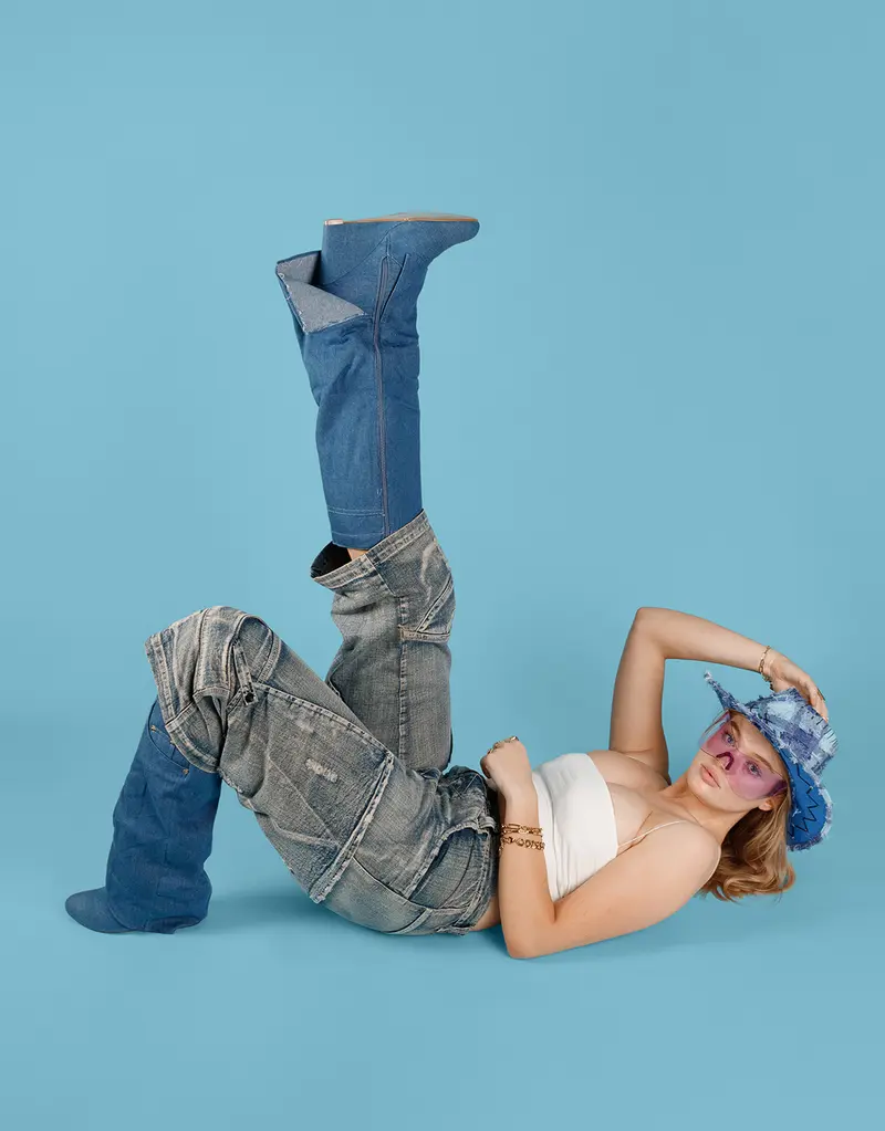 Fold over denim heeled boots