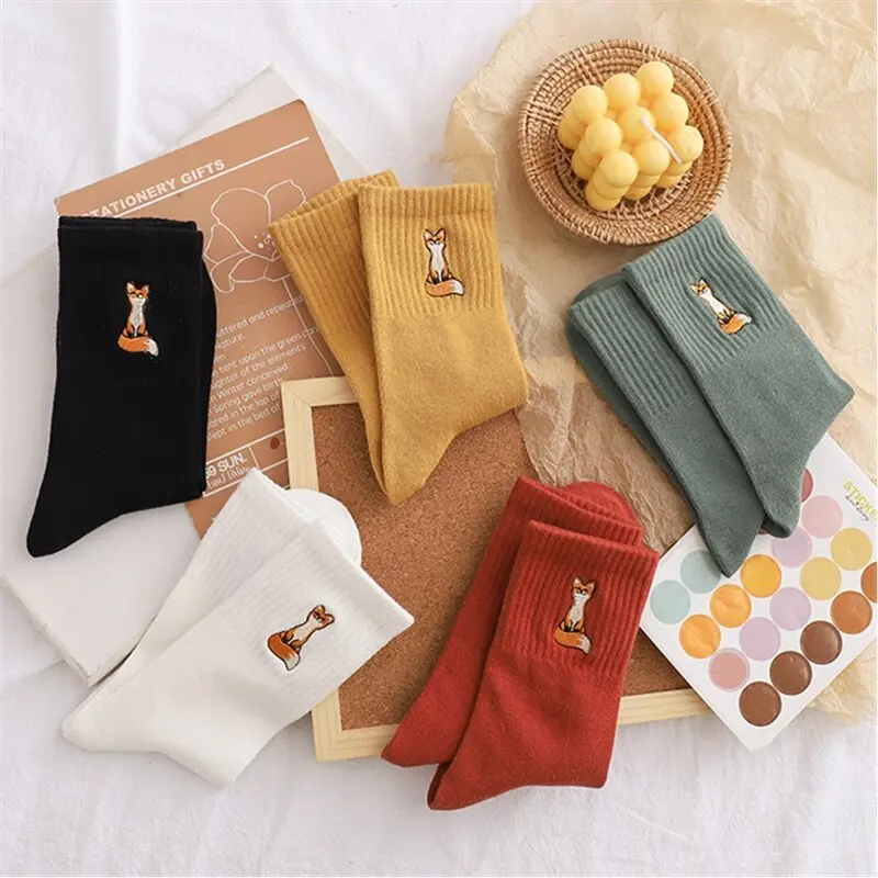 Fox Embroidery Crew Socks (5 Colours)