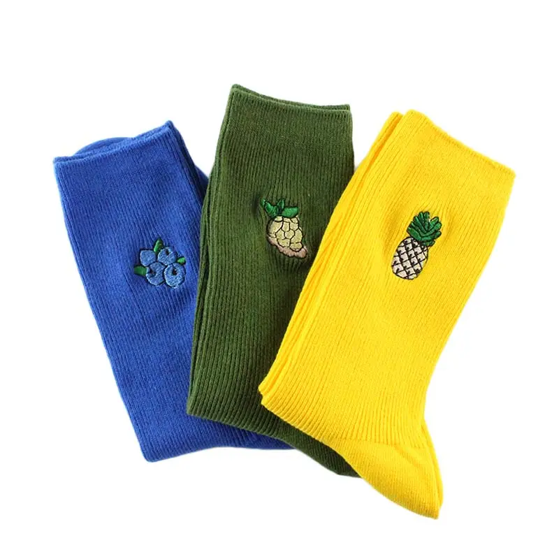 Fruit Embroidered Ribbed Crew Socks