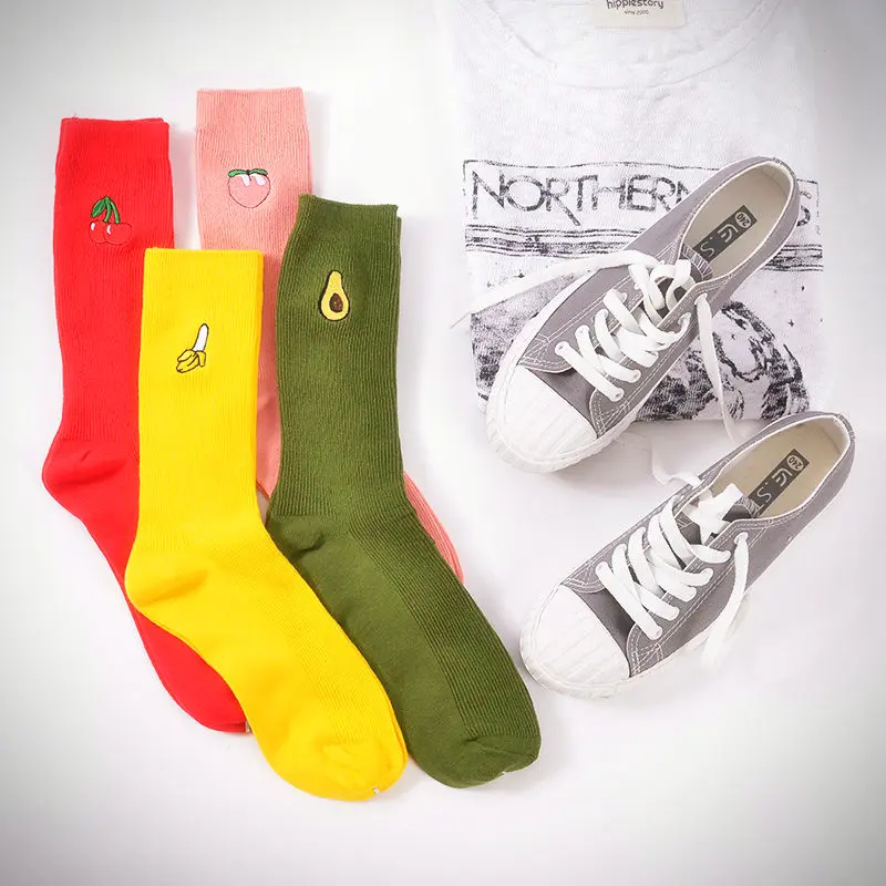 Fruit Embroidery Ribbed Crew Socks