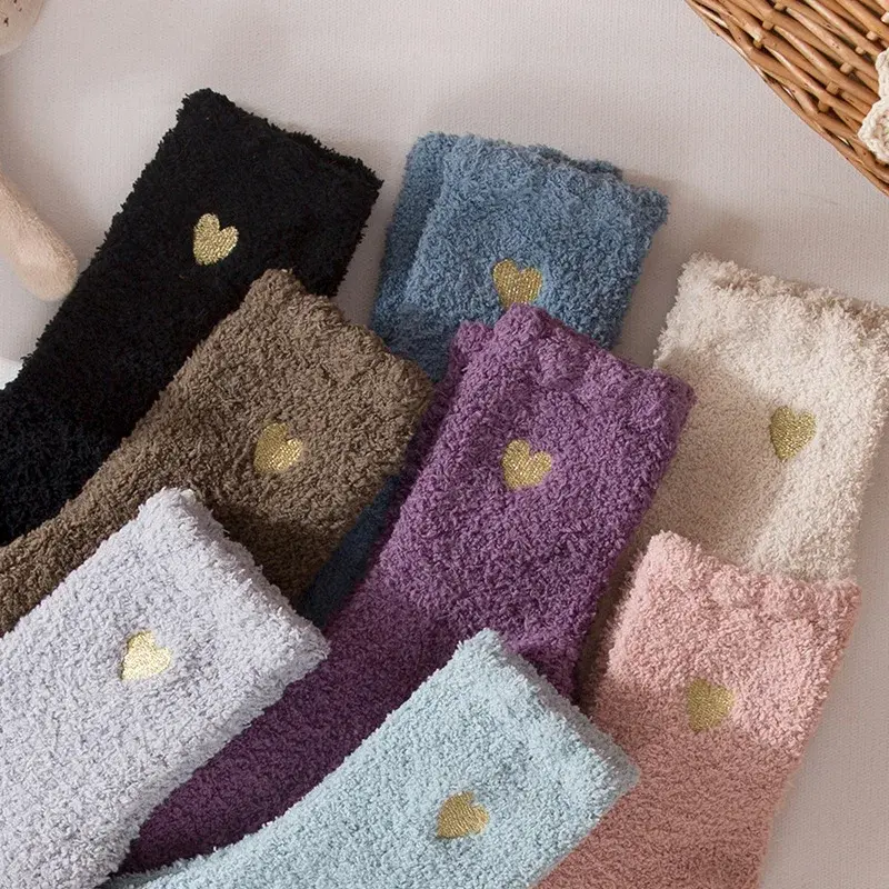 Fuzzy Heart Embroidery Crew Socks (8 Colours)