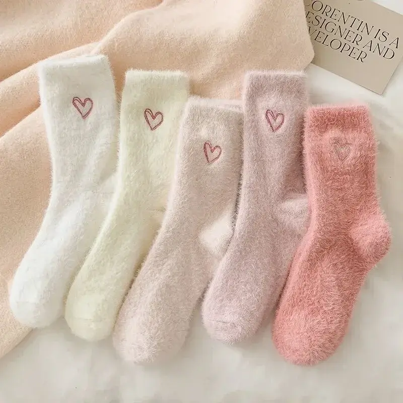 Fuzzy Heart Embroidery Crew Socks