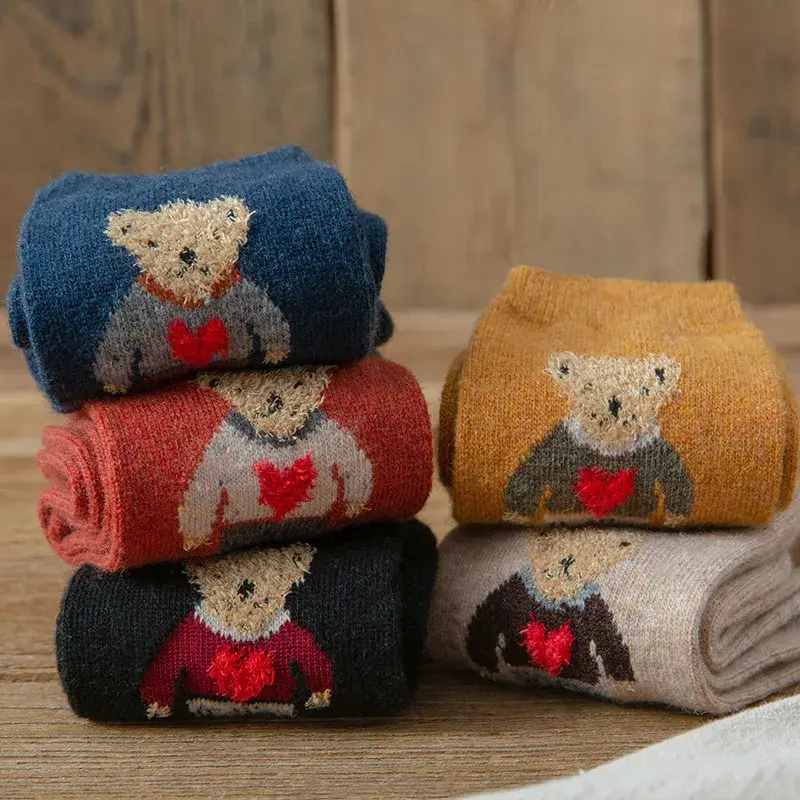 Fuzzy Heart Sweater Teddy Bear Crew Socks (5 Colours)