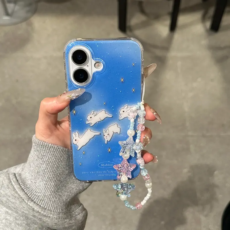 Galaxy Rabbit iPhone Case With Starry Charm Wrist Strap
