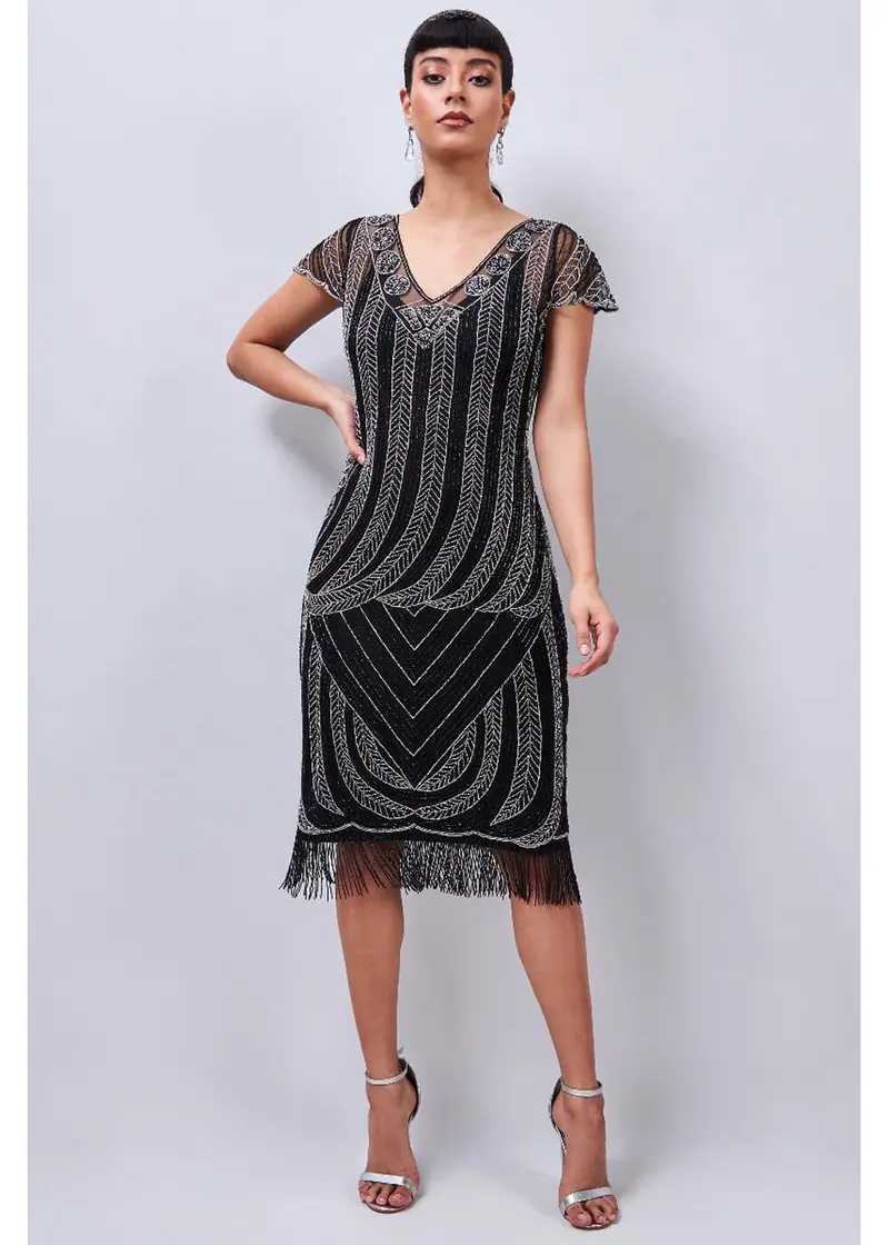 Gatsbylady Dorothy Fringe 20's Flapper Dress Black Silver