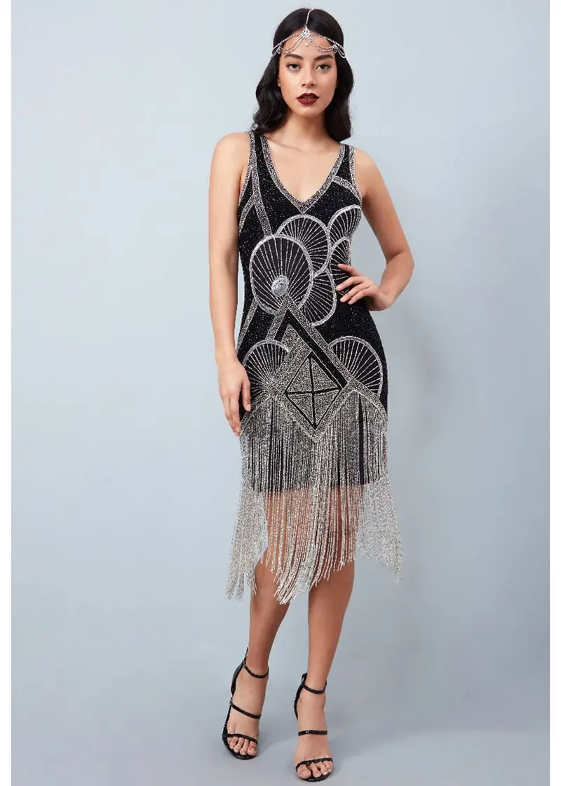 Gatsbylady Jade Fringe 20's Flapper Dress Black Silver