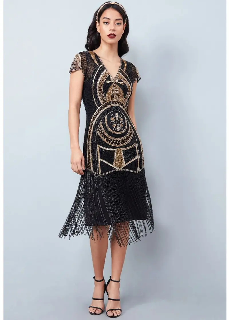Gatsbylady Mary Fringe 20s Flapper Dress Black Gold