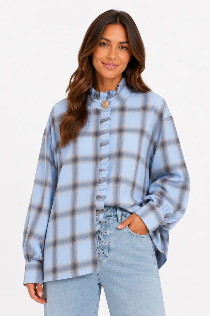 Geruite blouse blauw bruin