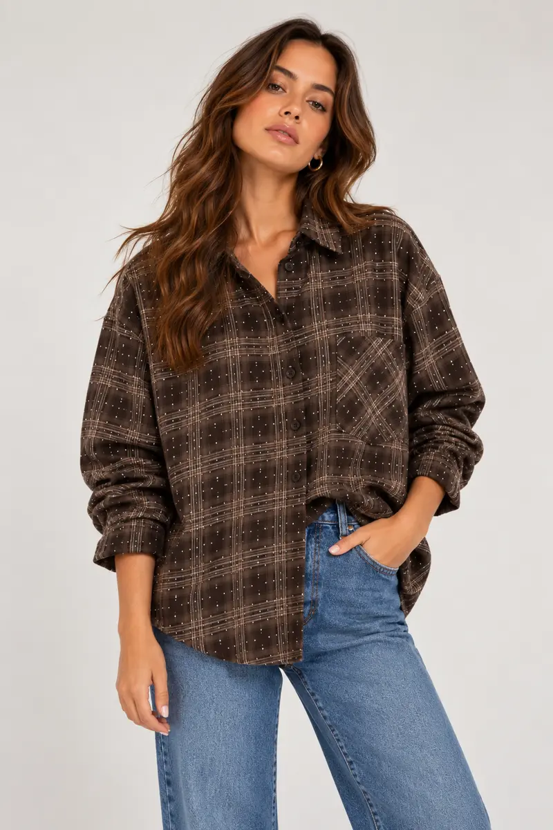 Geruite blouse bruin met strass
