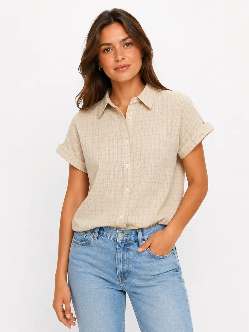 Geruite blouse geel, blauw, roze