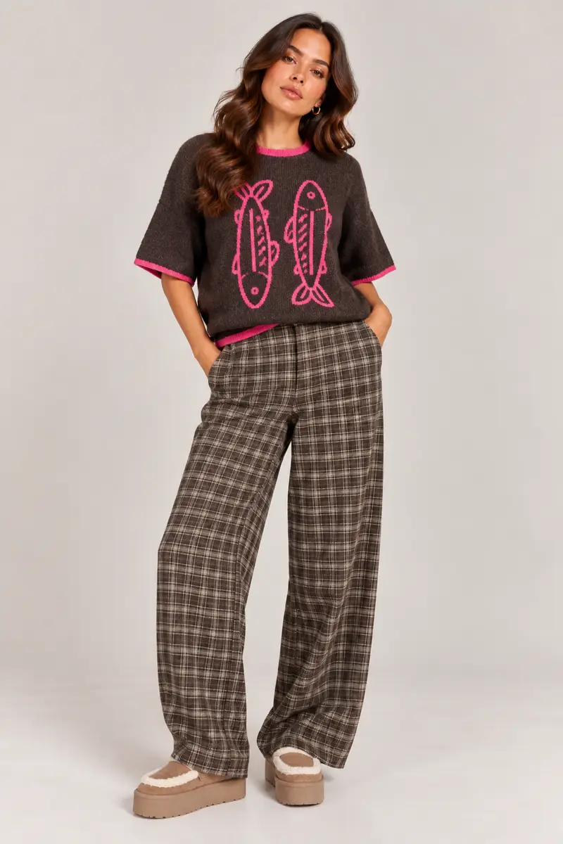 Geruite rechte broek bruin