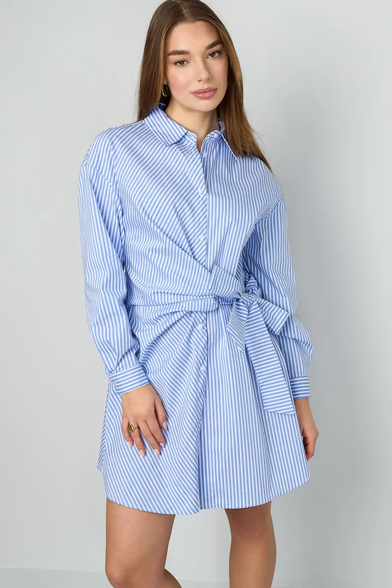 Gestreepte blousejurk met knoop | Baby Blauw