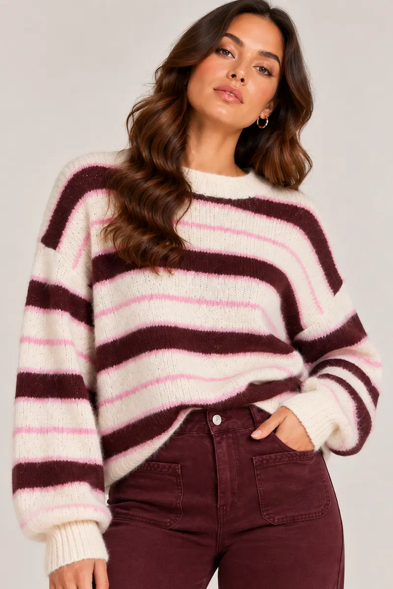 Gestreepte trui bordeaux, creme, roze