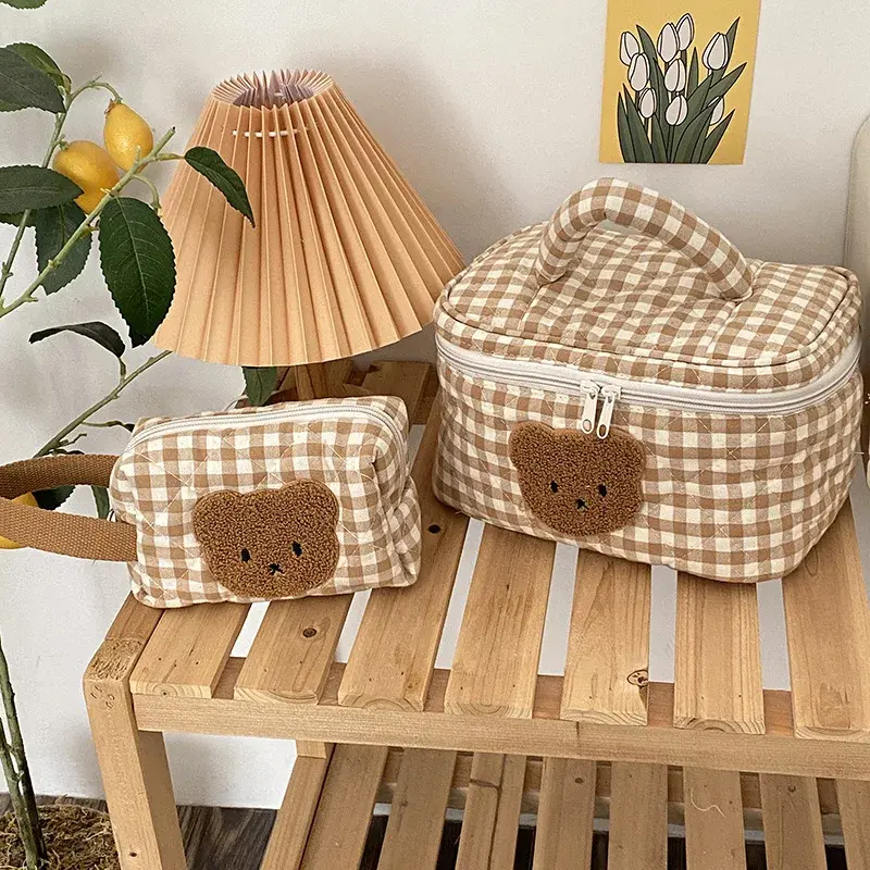 Gingham Teddy Bear Face Zipper Pouch