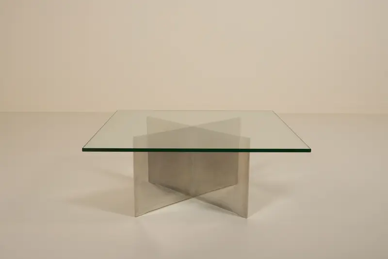 Glass Coffee Table with Sculptural Metal Base