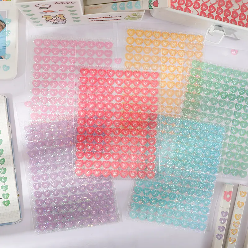 Glitter Heart Alphabet Letter Sticker Sheets (6 Colours)