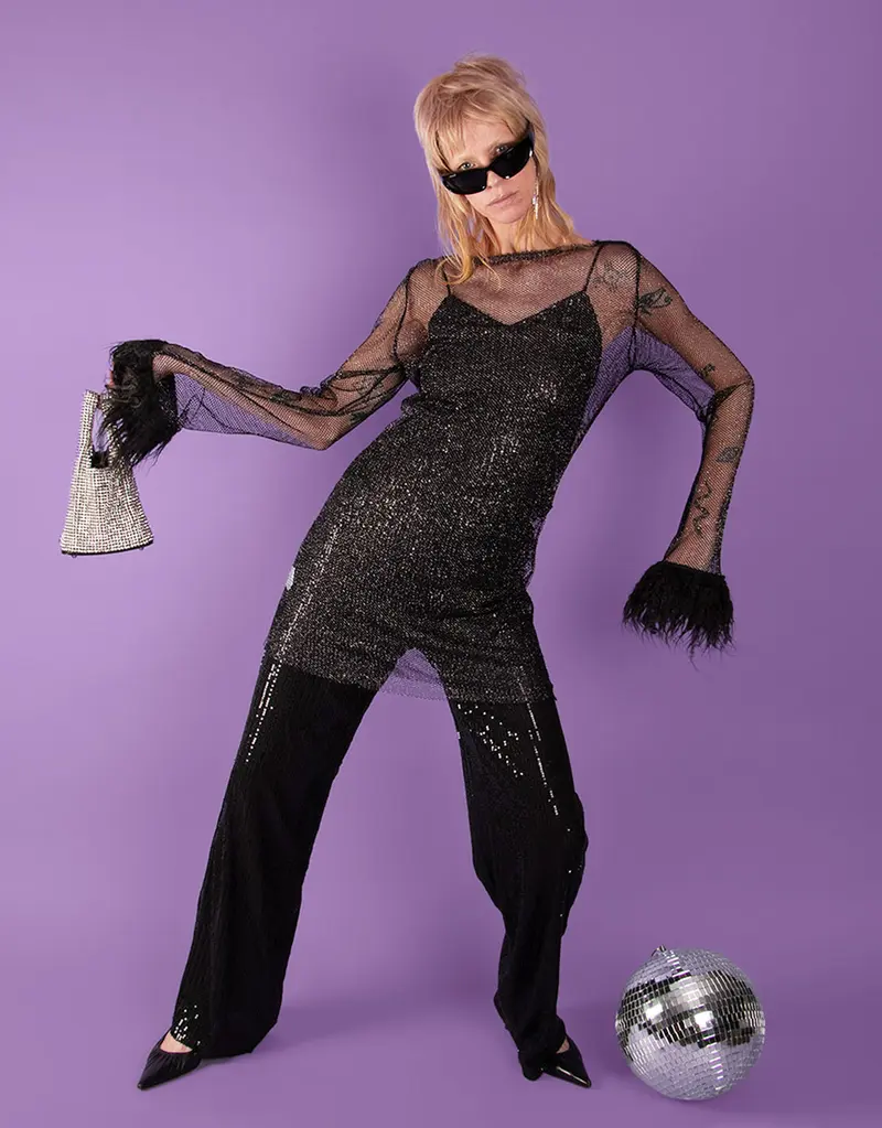 Glitter net longsleeve w/ fluffy sleeves